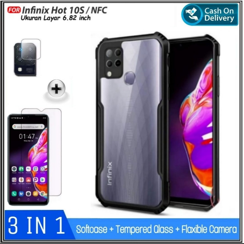 Riyanali_Shop PAKET 3IN1 Case Infinix Hot 10s, 10s NFC, Hot 10T Soft Hard Fusion Shockprooft Free Tempered Glass Clear + Anti Gores Camera
