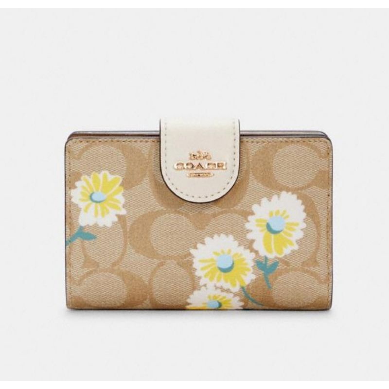 COACH Medium Corner Zip Wallet In Signature Canvas With Daisy Print(C3375)