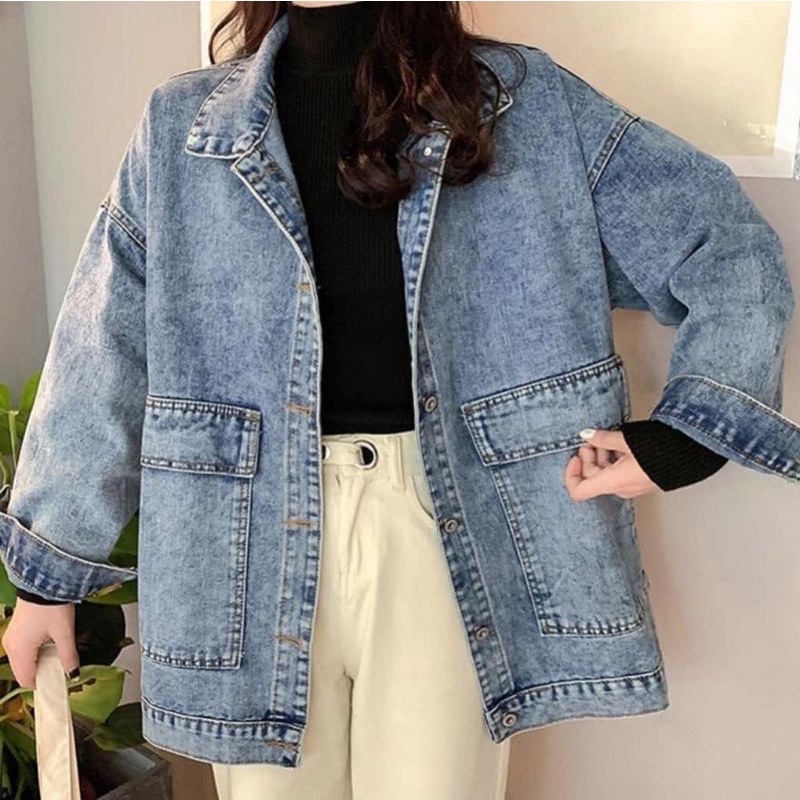 Jaket Jeans Oversize Pocket Premium- Jaket Jeans Saku Besar Bahan Tebal