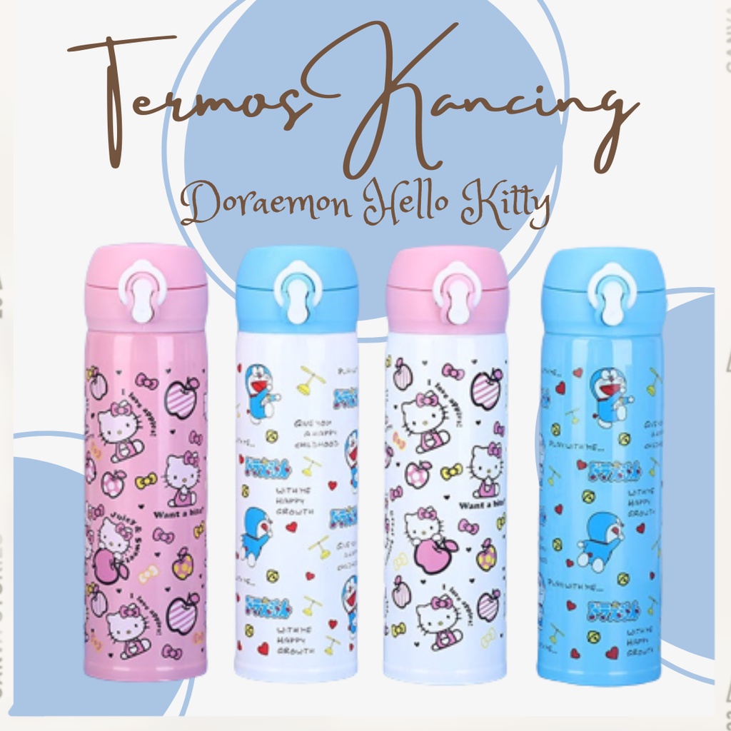 Termos Tutup Kancing Tumbler 450 ml Botol Air Minum Tahan Panas Dingin Karakter Hello Kitty Doraemon