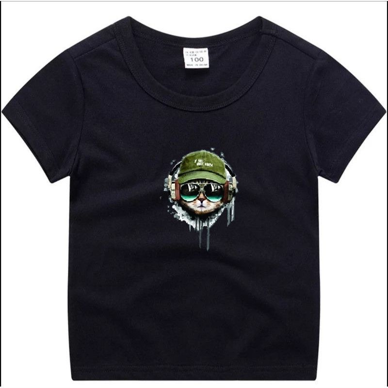 kaos anak anak motif kucing gaul SIZE S M L XL warna hitam putih nevy maron misty mustrad Turkis Pink