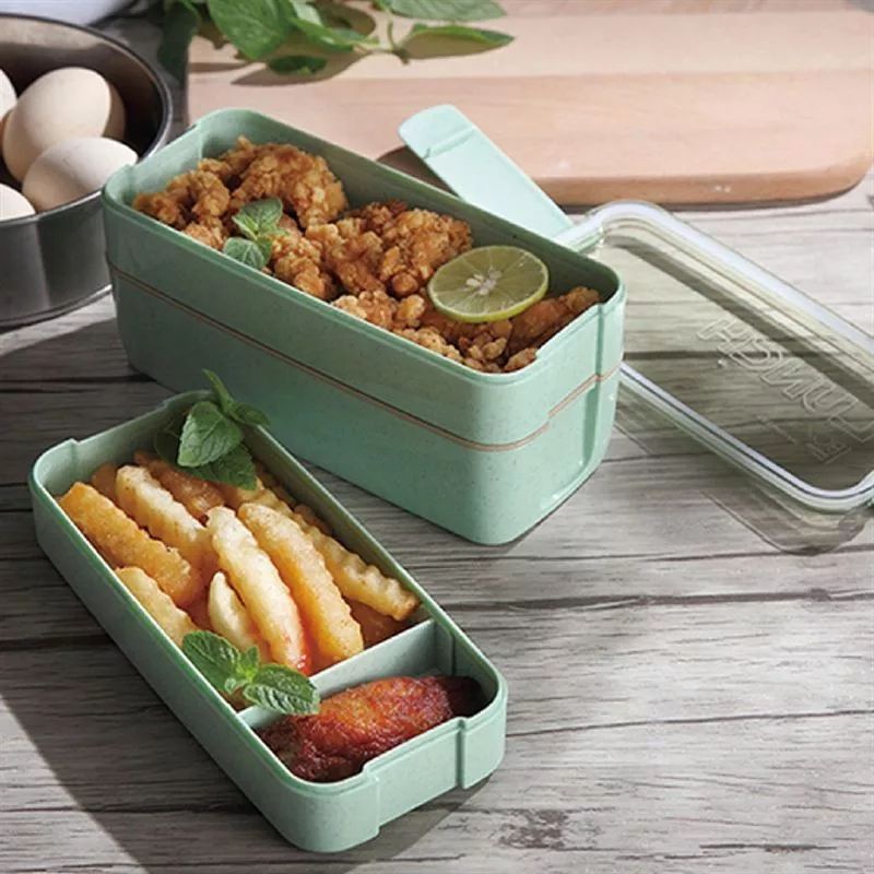 Kotak makan bento 3 susun bahan jerami Gandum/Lunch box 3 tingkat plus sendok