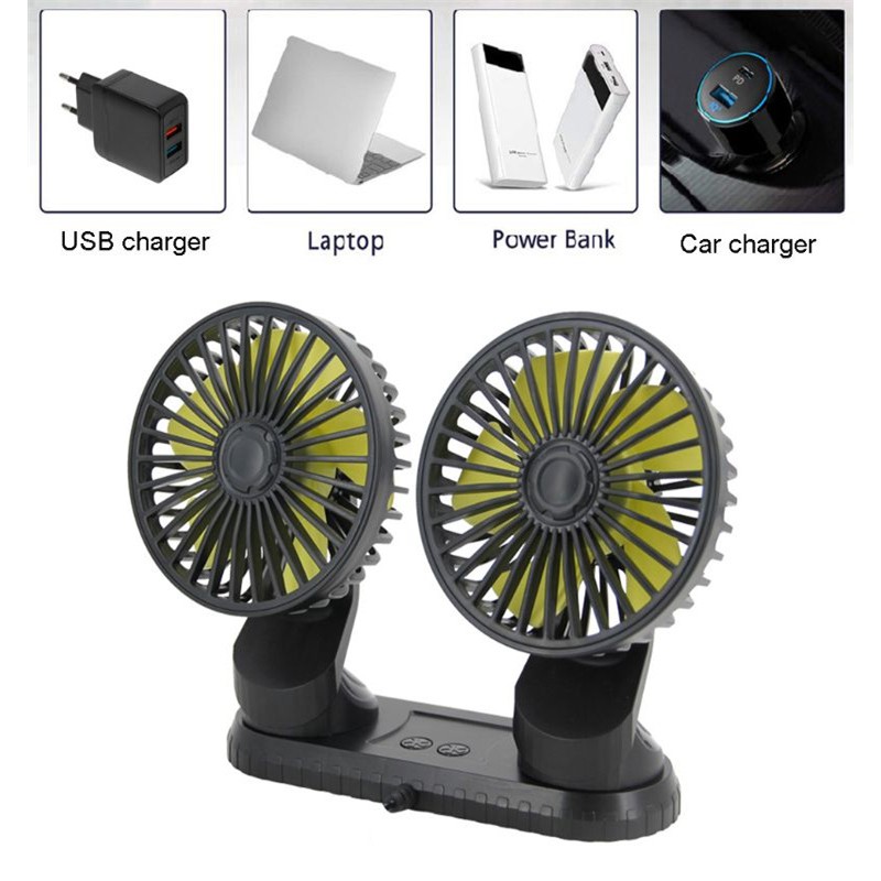 Portable Car Fan/Kipas Angin Mobil 5 volt 360 Derajat Double Head USB Dengan 3 Kecepatan