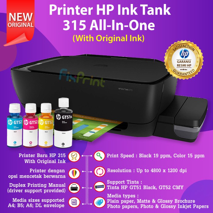 Printer Ink Tank HP 315 Print Scan Copy Infus Pabrik Resmi Tinta GT51 Black GT52 Cyan Magenta Yellow