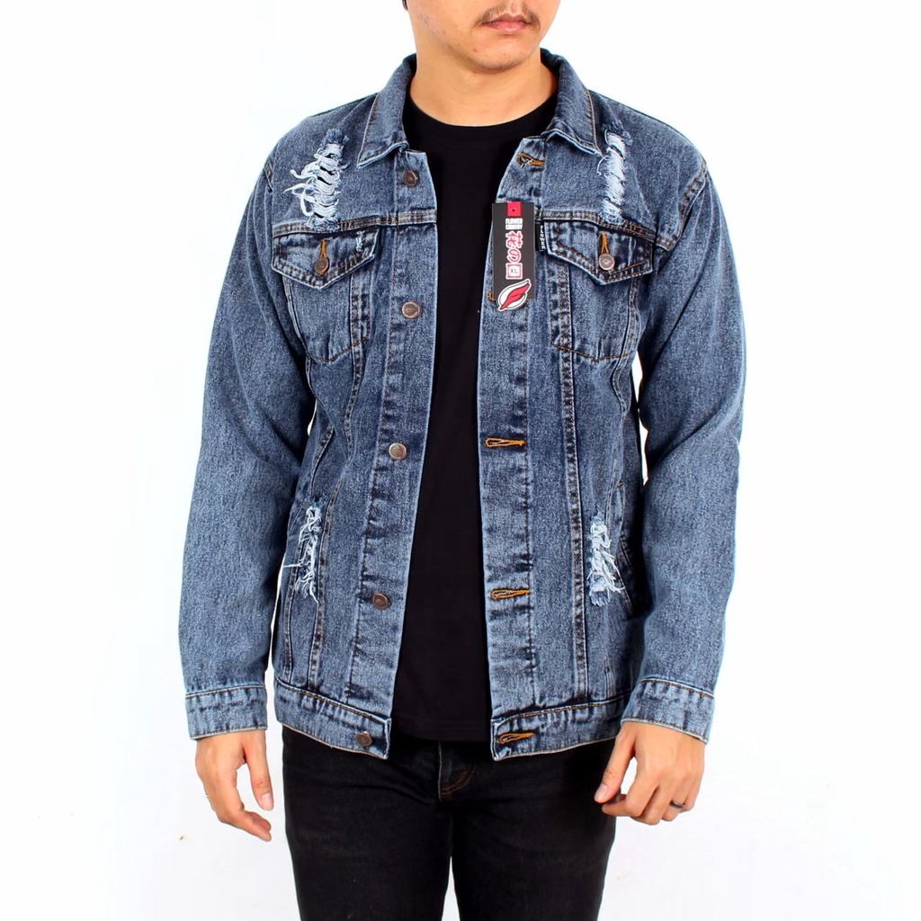 Jaket Jeans Ripped Pria Size M L XL Denim Basic Sandwash Sobek Original