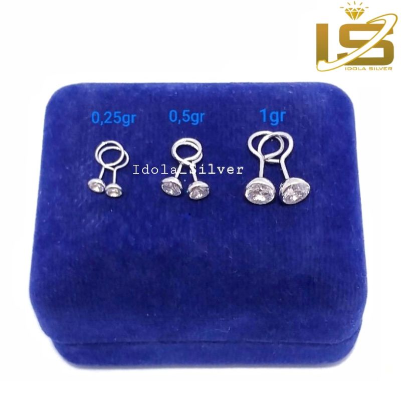 ANTING PERAK ASLI SILVER 925 LAPIS EMAS PUTIH MODEL TOGE PERMATA PUTIH - PERHIASAN PERAK ASLI