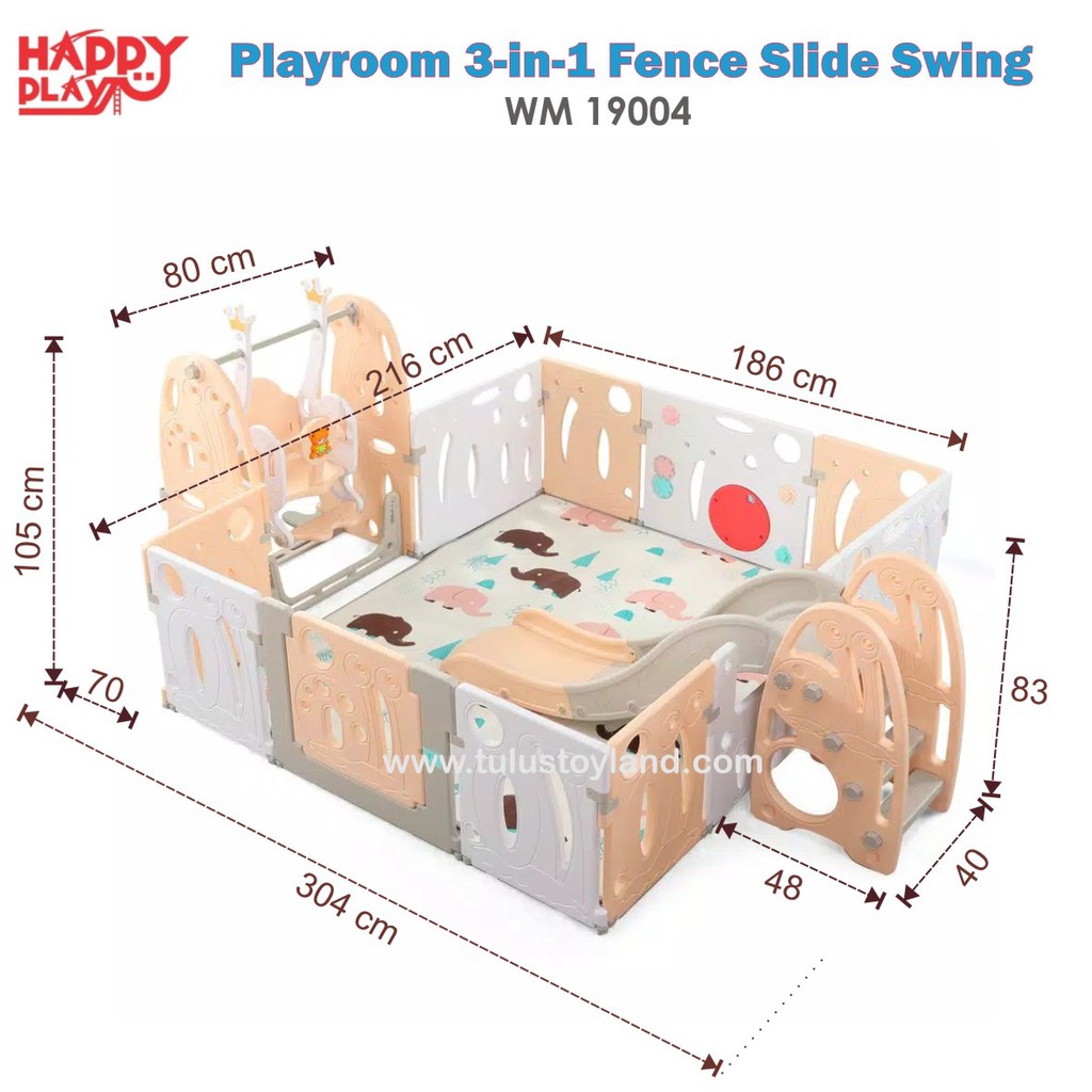 Pagar Bayi Perosotan Happy Play Playroom 3 in 1 Fence Slide Swing 3in1 Ayunan Anak WM 19004 Mainan