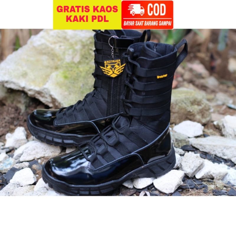 Sepatu Pdl Ninja Tni Polri Kulit Kilap Anti air Sleting Sol Keliling Merk Brotrher New Ninja kilap