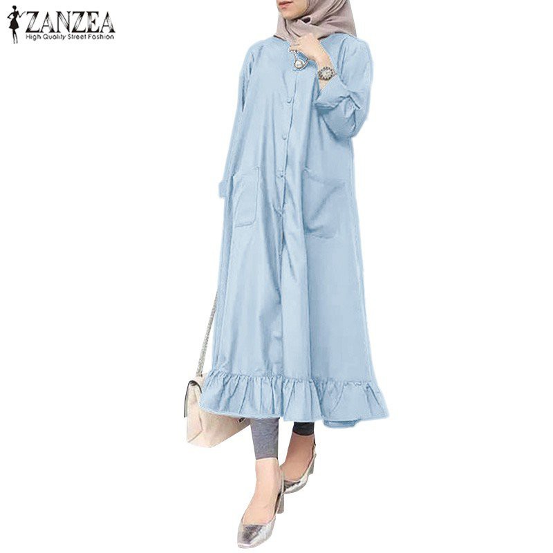 ZANZEA Women Vintage Long Sleeve Button Down Frilled Hem Muslim Dress UoGX