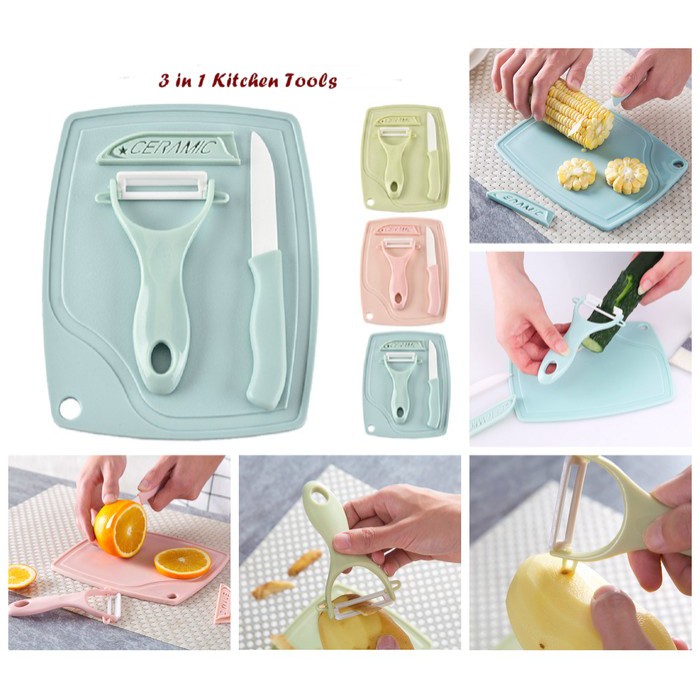 IKILOSHOP T3in1 Talenan Set 3 in 1 Anti Bakteri Steril Pisau Keramic Chop board