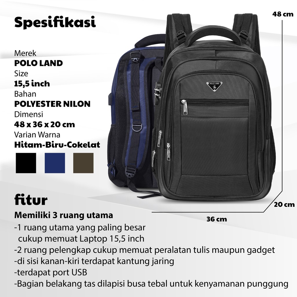 POLO GOLDVERS - Ransel POLO Original Pria Tas Sekolah Classic Import 18 Inch Free Kabel USB C Keylock Feature Better Raincover