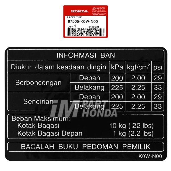 Stiker Informasi Tekanan Angin Ban Label Tire ADV 150 87505-K0W-N00