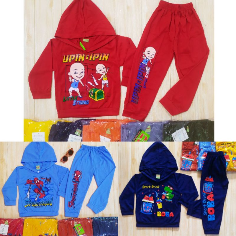 SETELAN UPIN IPIN  SPIDERMAN BOBA HODDIE 2-7 THN BAJU ANAK TOPI KEKINIAN