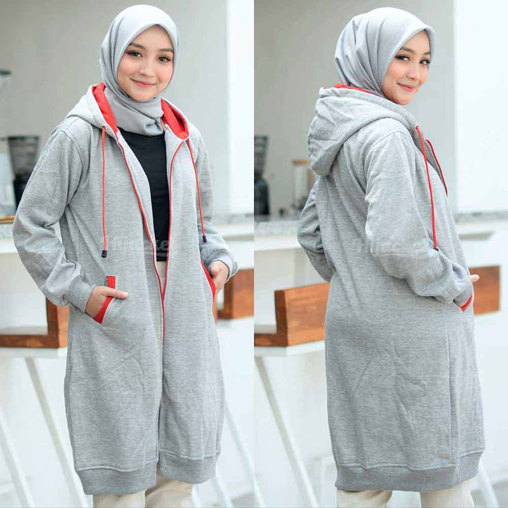 Jaket Jacket Polos Hoodie Panjang Wanita Cewek Muslimah Hijabers Kekinian Abu Muda Hijacket BC Grey-3