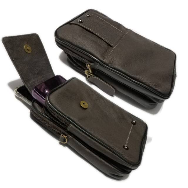 Sarung hp kulit asli double plus selempang rozzer 305 - dompet hp double kulit