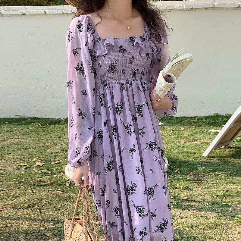 Dasom Dress Floral Vintage Summer Gaun Pantai Hijab Bunga White Purple Lilac Bumil Midi