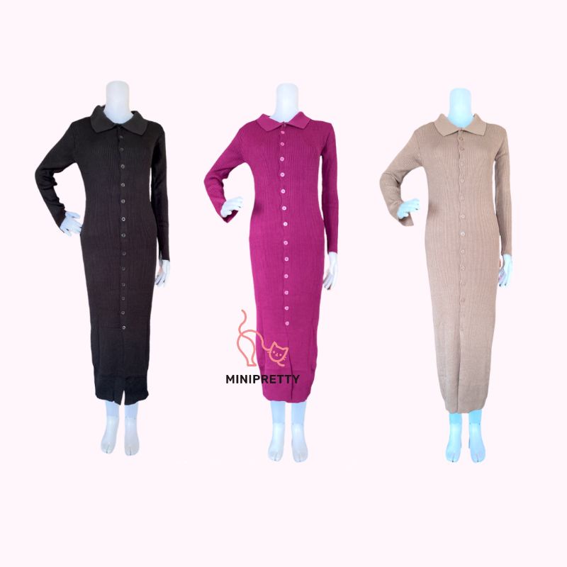 Long Dress Rajut Bodycon Full Kancing Kerah