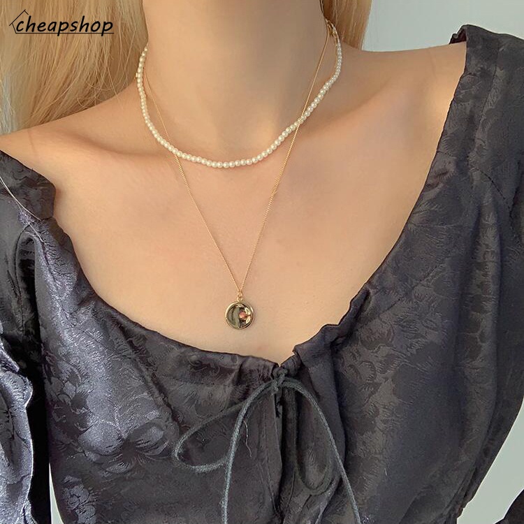 IFYOU Fashion Retro Doublelayer Gold Necklace Pearl Chain Pendant Necklace Women Jewelry Accessories