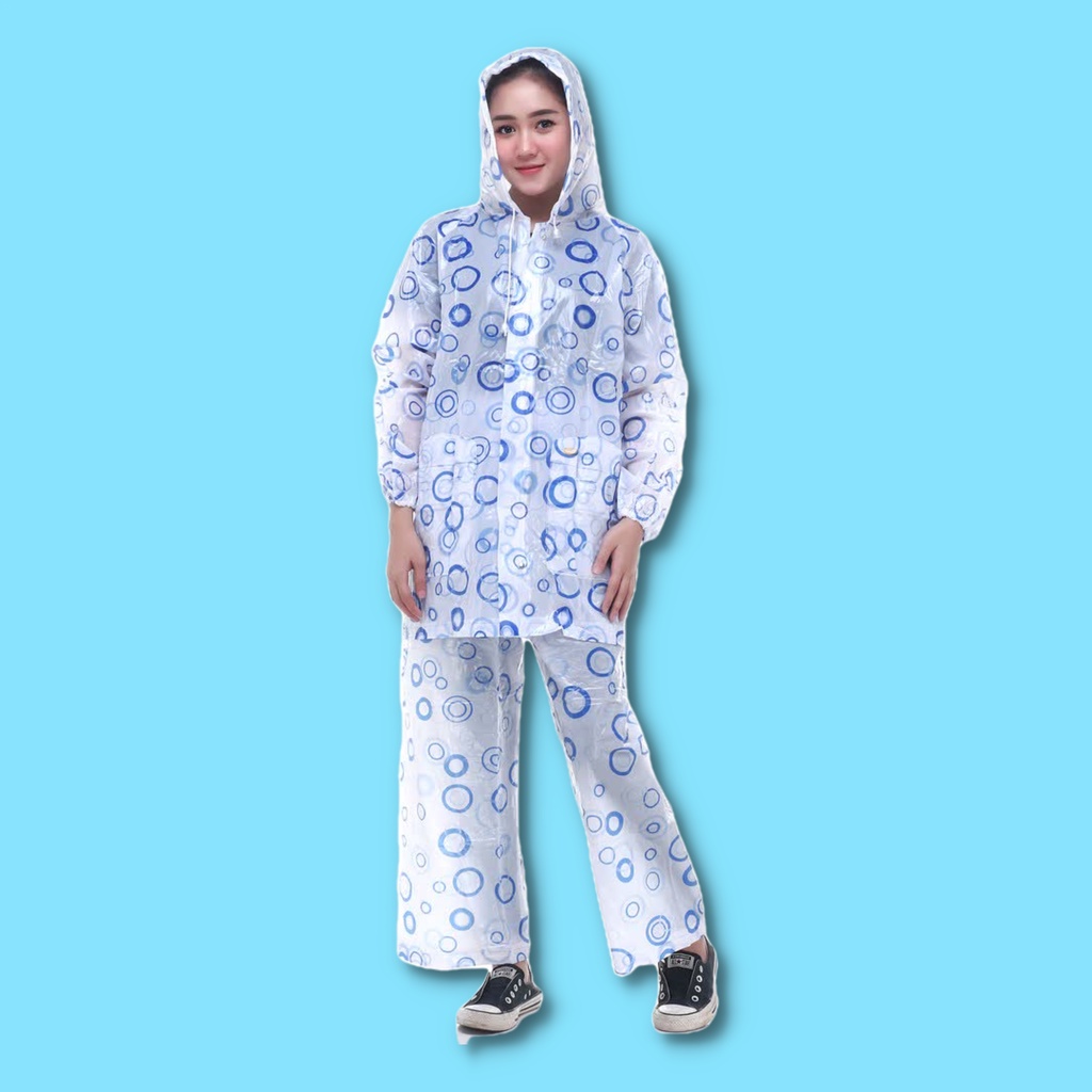 Jas Hujan Stelan Jaket Celana Wanita Dewasa Polkadot Pop Ibex Premium Mantel Ujan Setelan Ke107