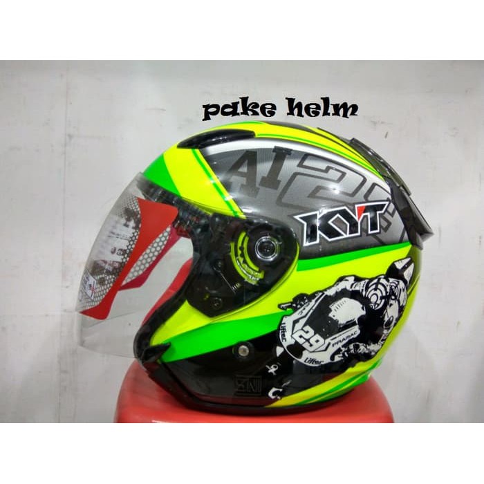 BEST QUALITY HELM KYT DJ MARU MOTIF WORLD GP READY YELLOW GREEN HALF FACE DJMARU