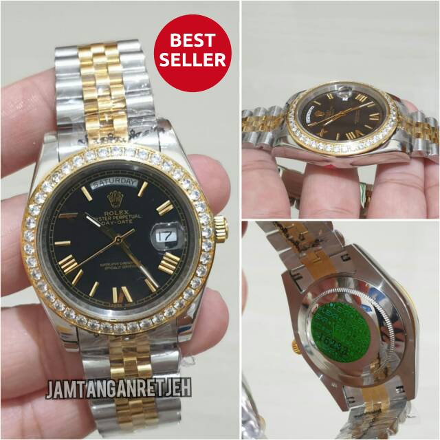 JAM TANGAN PRIA ROLEX DAY DATE AUTOMETIC SILVER COMBI GOLD BLACK DIAL