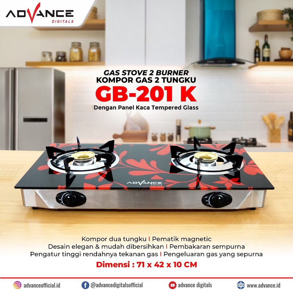 Kompor LPG / Gas Kaca 2 tungku Advance GB 201K, dengan Tempered Glass