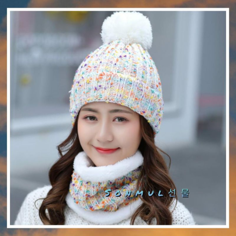 WOMAN WINTER KNIT BEANIE POMPOM + HAT ONE SET IMPORT TOPI KUPLUK + SYAL WANITA RAJUT MUSIM DINGIN