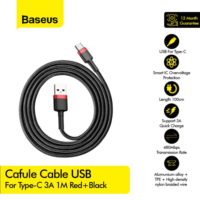 BASEUS cafule Cable USB For Type-C 3A 1M CATKLF-B - Merah