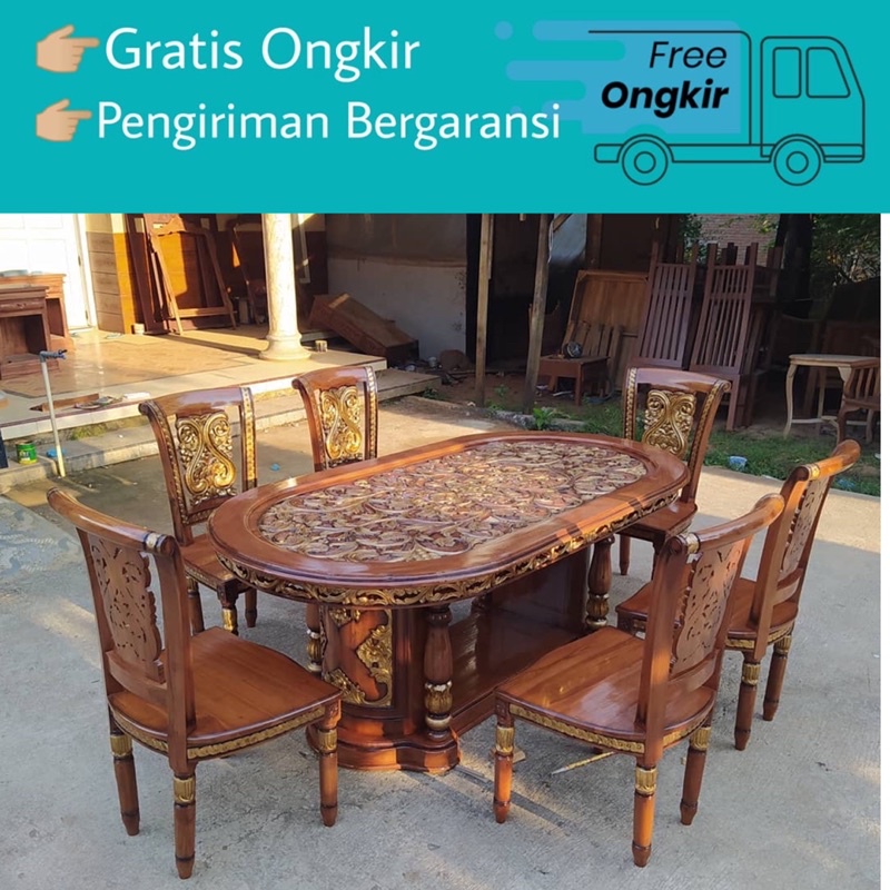Meja Makan Jati Ukir Khas Jepara ( Set Meja Makan 6 Kursi Jati Ukir Jepara )