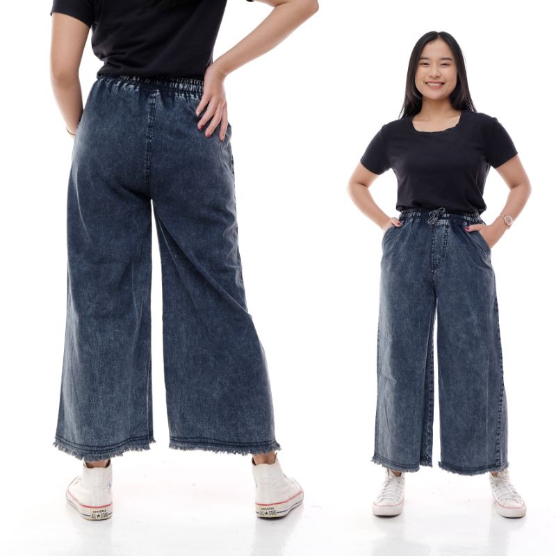 CELANA WANITA KULOT JEANS SNOW HIGHWAIST PINGGANG KARET DEPAN TALI