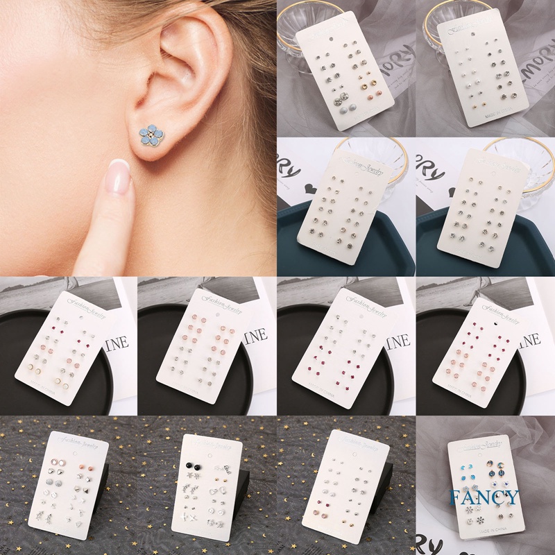 12 Pasang / Set Anting Stud Berlian Imitasi Bahan Alloy Untuk Wanita