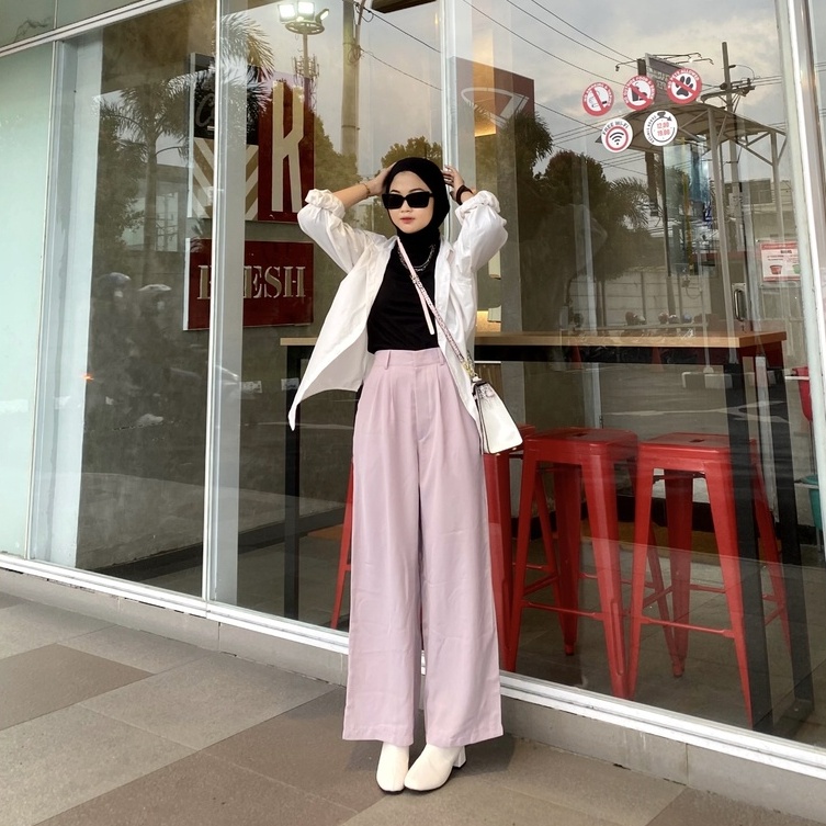 Loose Pants Trousers Wanita - Celana Kulot Anti Kusut -  Celana Kantor Formal Kerja  - Kulot Polyester - Kulot Bahan Jatuh Flowy