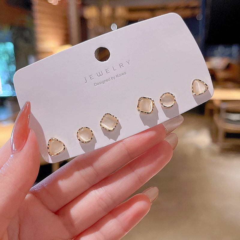 Set Anting Stud Opal Bentuk Persegi Bulat Segitiga Untuk Wanita