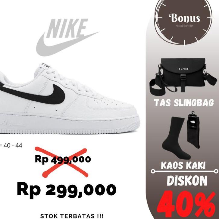 Harga Spesial.. Sepatu Sneaker Nike Air Force 1 Black White Hitam Putih Pria Wanita