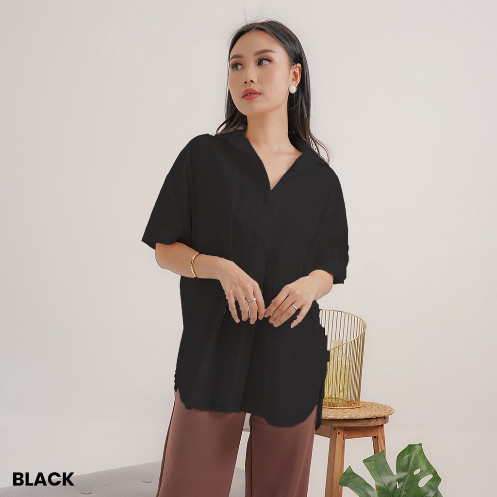 Kemeja Oversized Katun Lengan Pendek Pony Blouse Top Atasan Wanita