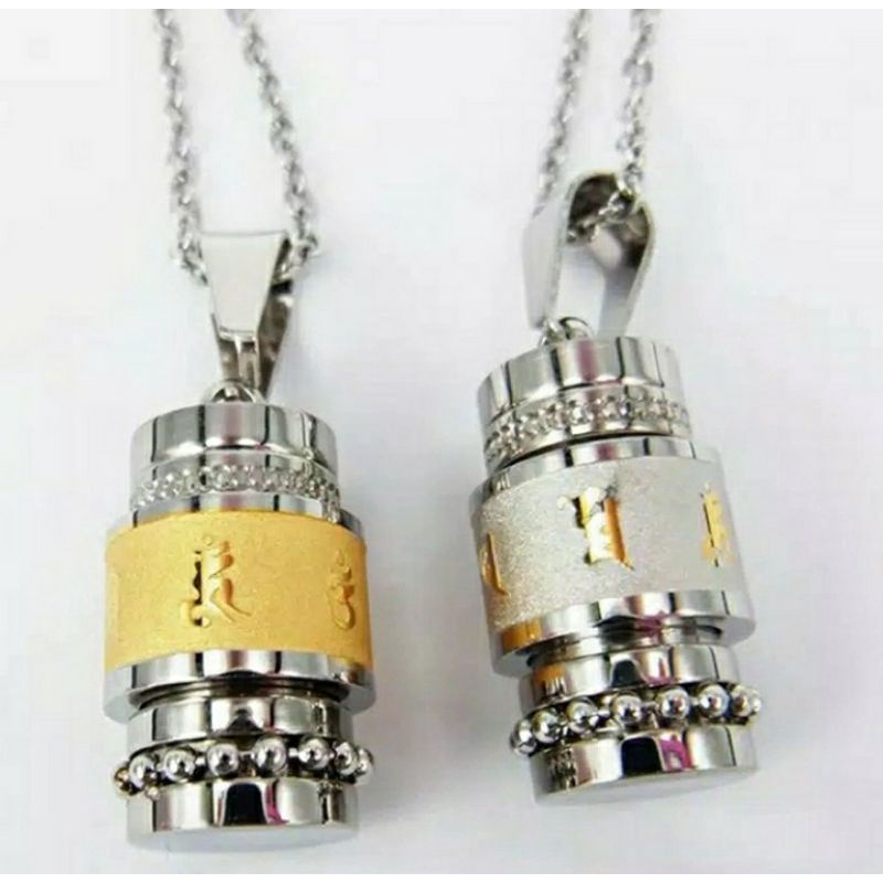 kalung Mbagi Buddha Liontin Bentuk Tabung Dengan Tulisan Om Mani