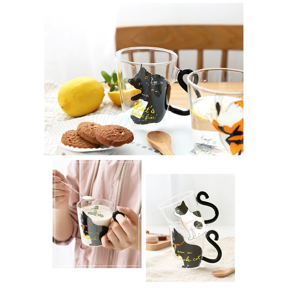 Cangkir Kopi Unik Kucing Glass Coffee Mug Tail Cute Cat Handle 250ml