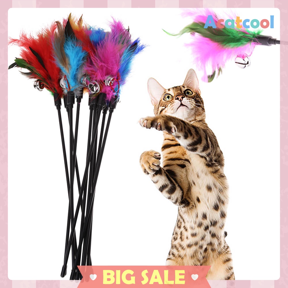 Cat Kitten Pet Toy Colorful Feather Short Rod Interactive Stick Bell Toy