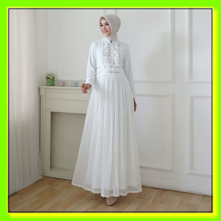 Dress Gamis Model Baru 2021 Modern Remaja Ceruty Maxy Kekinian Fa VQ760  Putih Plisket Brukat Musl