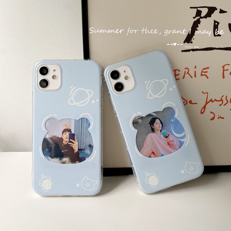 Couples Blue Bear Photo Card Airbag Silicone Case VIVO Y21S Y21A Y21E Y21G Y50 Y30i Y20S Y20i Y12S Y93 Y91C Y95 V9 S1 V20 V15 Pro V11i V20SE V21 Y19 Y15S Bumper Protect Cover Casing