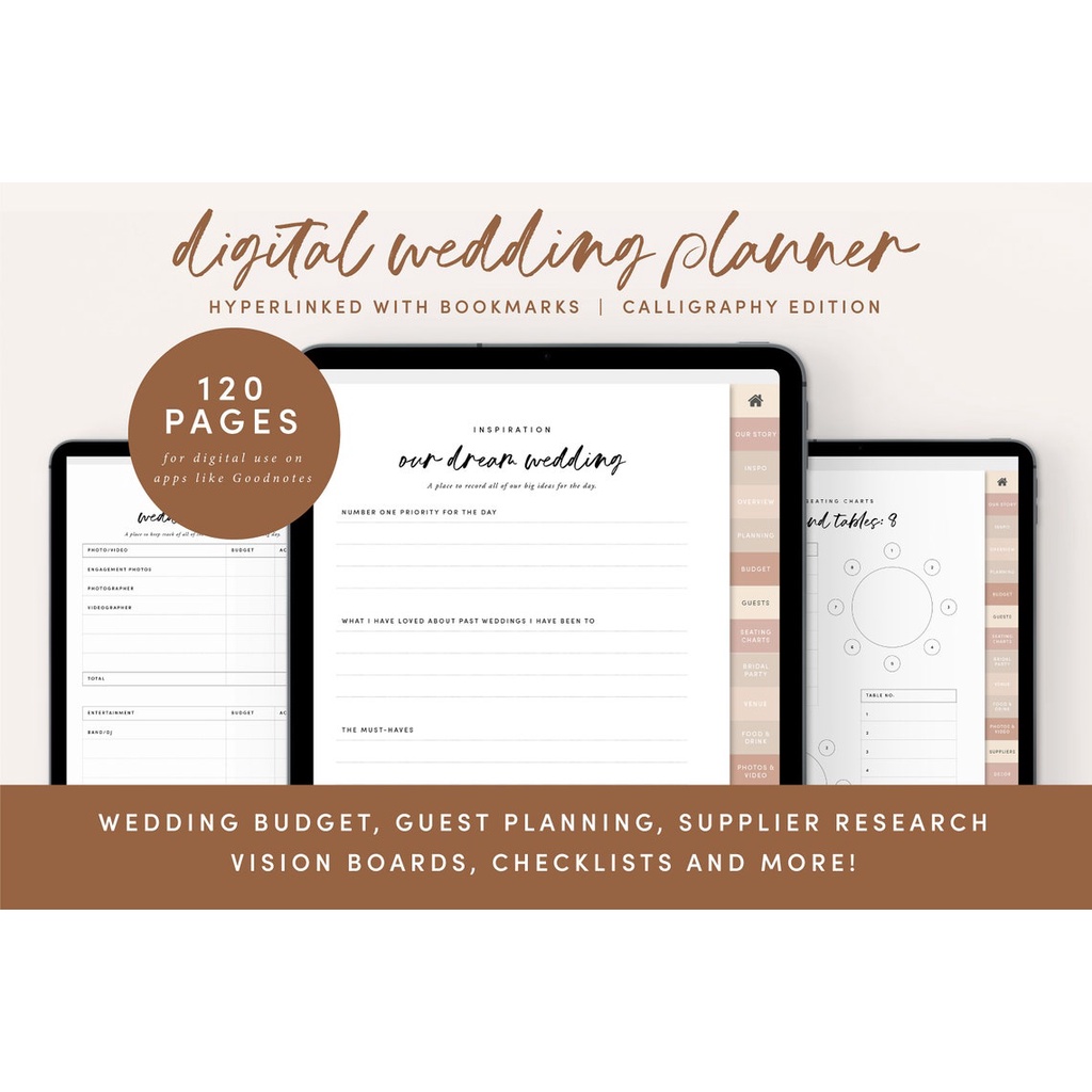 Digital Journal &amp; Planner - Wedding Checklist &amp; To Do List Kit for Goodnotes, Notability, Xodo (Full Page &amp; Tab Hyperlinked)