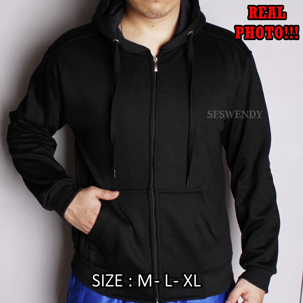 Jaket Hoodie Zipper polos full black hitam PREMIUM Ukuran lengkap M