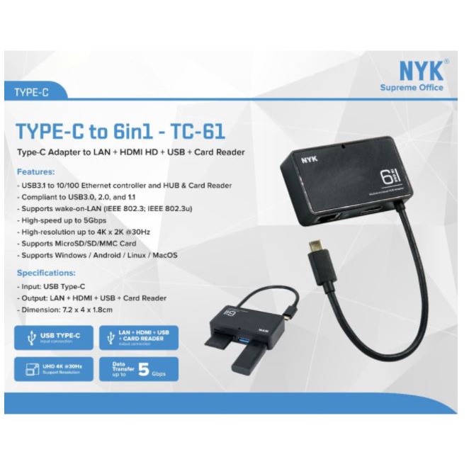 Type-c to hdmi rj45 lan usb 3.0 tf sd card reader converter nyk 6in1 hub 4k 5gbps tc-61 tc61