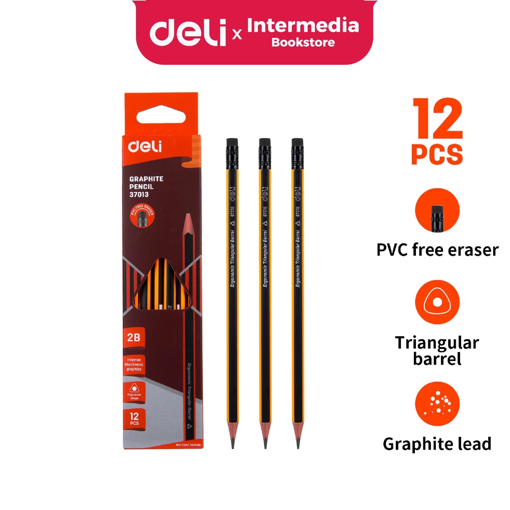 

Deli E37013 Graphite Pencil 2B with eraser / Pensil grafit segitiga dengan penghapus φ8×188mm 1 pack isi 12