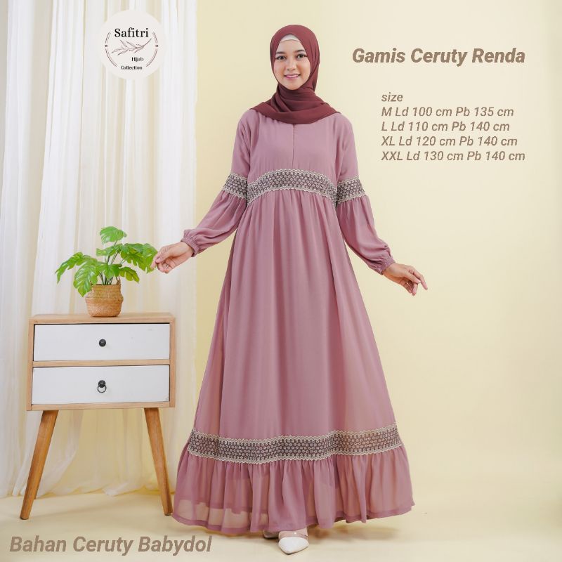 Gamis Ceruty Renda bahan Ceruty Babydol by ORI SAFITRI size M L XL XXL