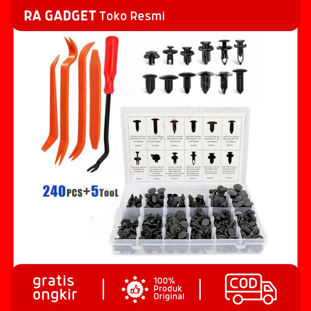 Baut Rivet Mobil Snap Joint Clip 240 PCS with 5 PCS Pengungkit / Klip Baut Mur Paku Clip Clips Kanci