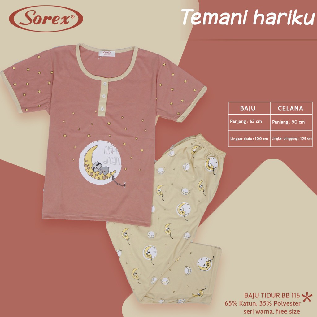 Sorex Baju Tidur 1 Set Atasan Pendek Kancing + Celana Panjang Katun Adem Piyama Freesize  BB 116-5