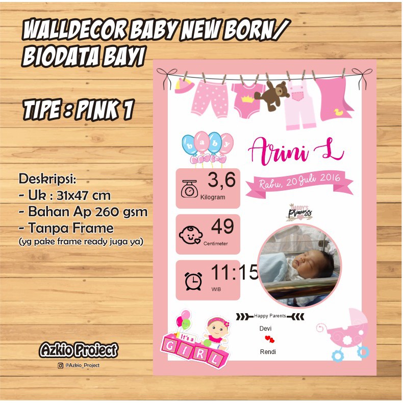 Biodata Bayi Walldecor Ukuran A3 Tema Pink