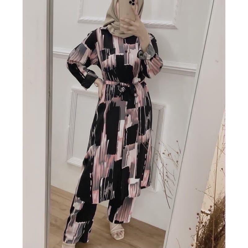 DAILY SET BAJU TIDUR PAJAMAS ONE SET SETELAN RAYON VISCOSE TIE DYE MOTIF A-SET TUNIK LULU