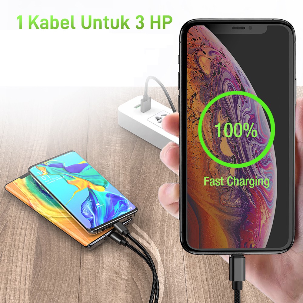 VEGER Kabel Cable Charger 3IN1 USB Micro + Type C + Lightning 100cm